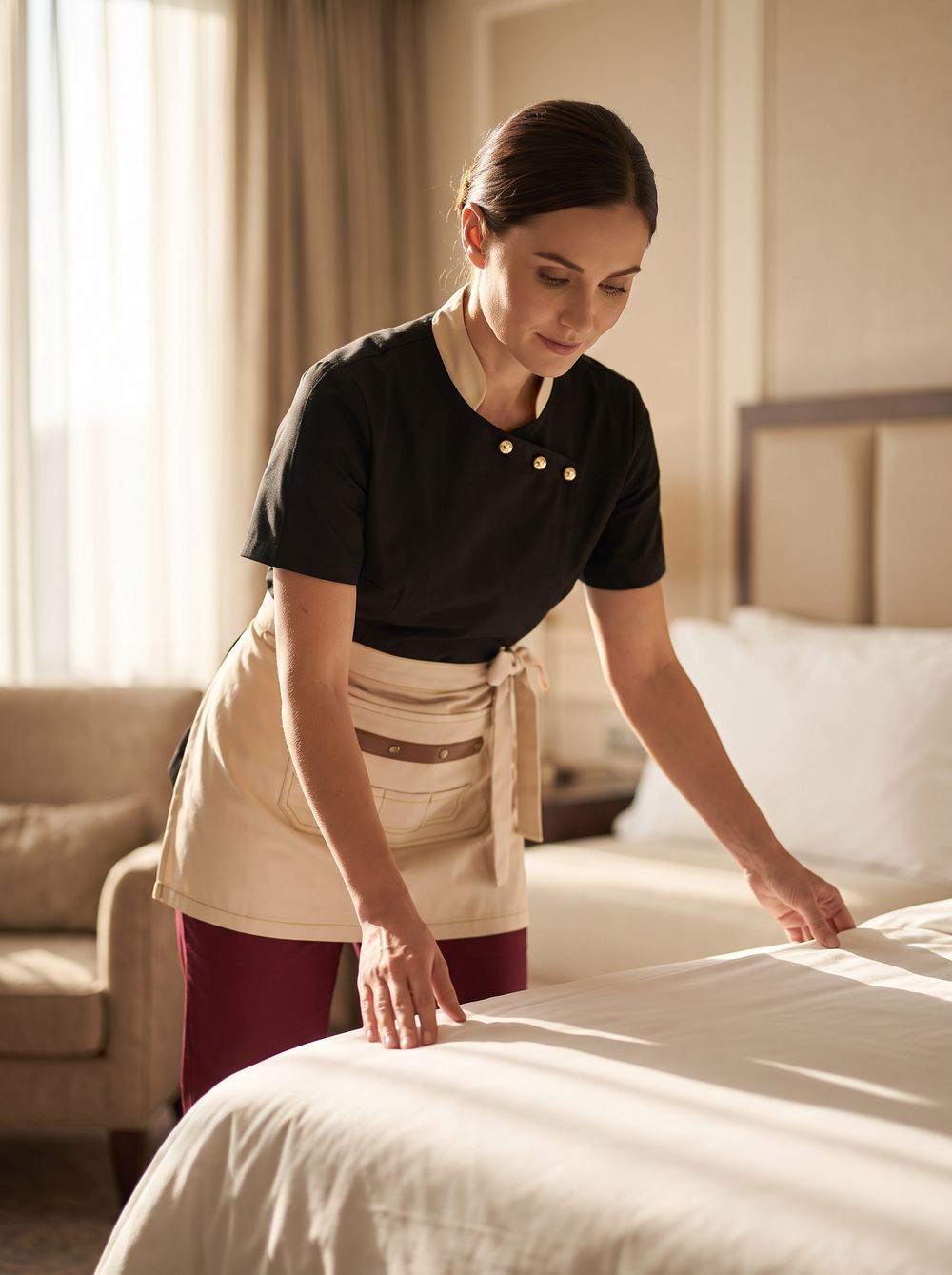 A housekeeper in a black tunic and cream apron making a bed in a hotel room