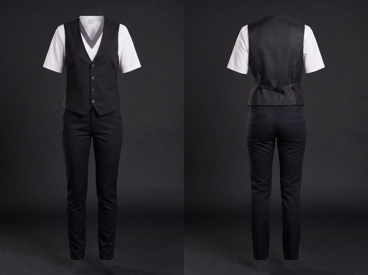 The uniform set shown front and back on an invisible form